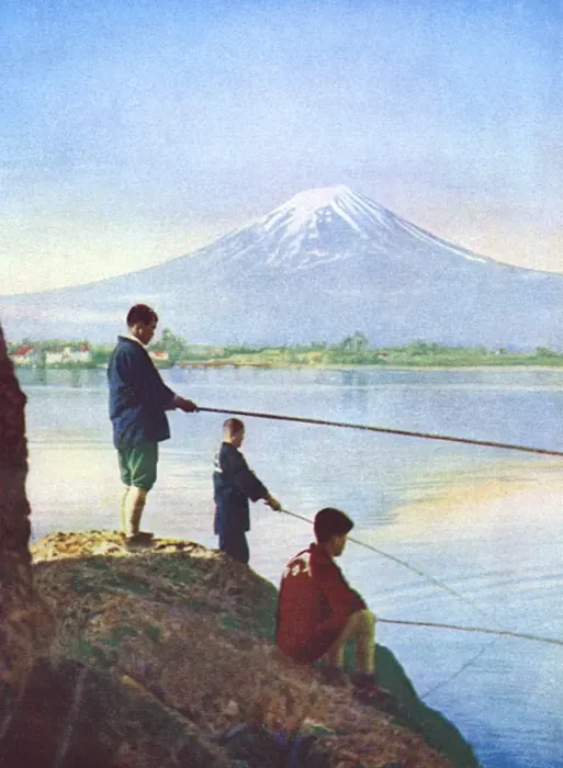 Framed Print : Boys fishing by the shores of Lake close to Mount Fujiyama Framed Print : Boys fishing by the shores of Lake close to Mount Fujiyama