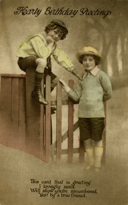 Framed Print : Two boys at a garden gate on a birthday postcard