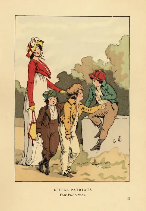 Framed Print : Boys in jackets and breeches with Merveilleuse, 1800 Framed Print : Boys in jackets and breeches with Merveilleuse, 1800