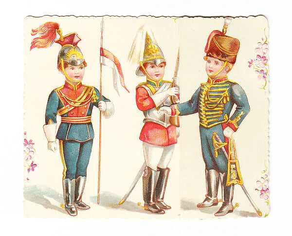 Three boys in military uniform on a greetings card