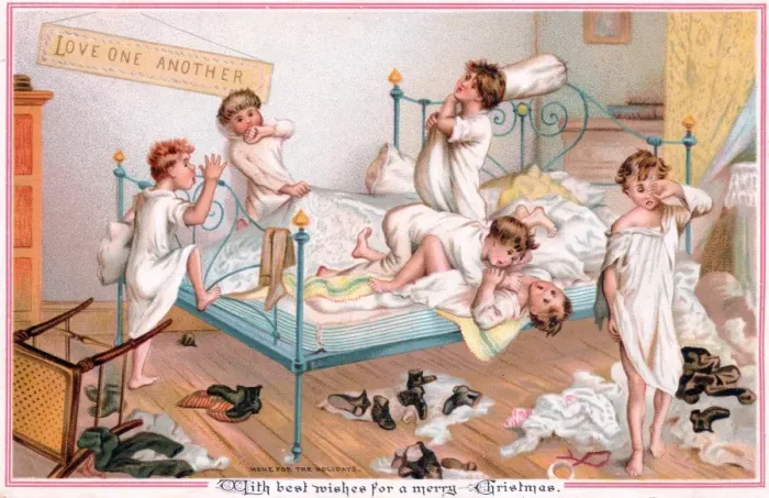 Framed Print : Six boys pillow fighting on a Christmas card Framed Print : Six boys pillow fighting on a Christmas card