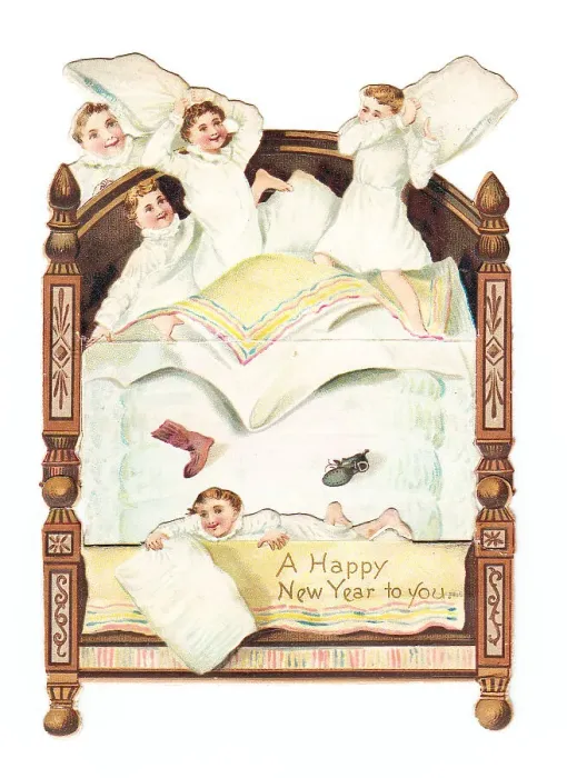 Framed Print : Five boys pillow fighting on a cutout New Year card Framed Print : Five boys pillow fighting on a cutout New Year card