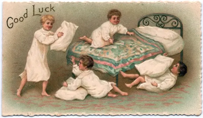 Framed Print : Four boys pillow fighting on a Good Luck card Framed Print : Four boys pillow fighting on a Good Luck card