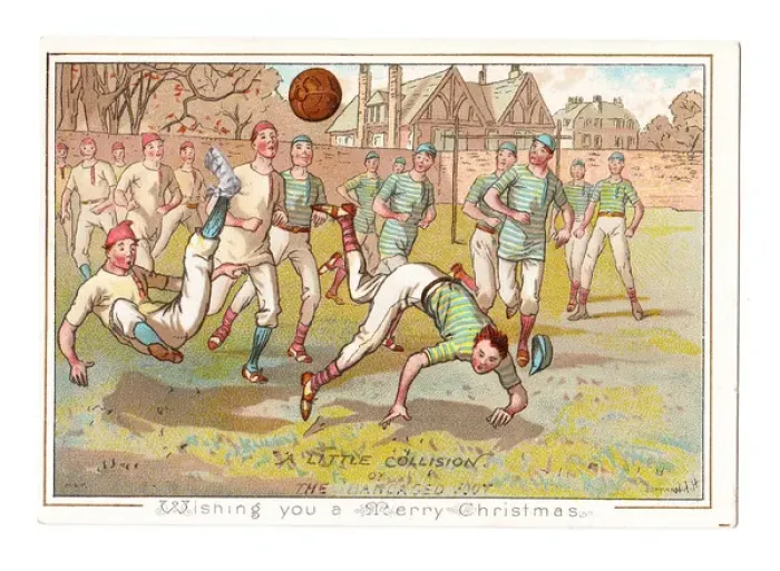 Framed Print : Boys playing football on a Christmas card Framed Print : Boys playing football on a Christmas card