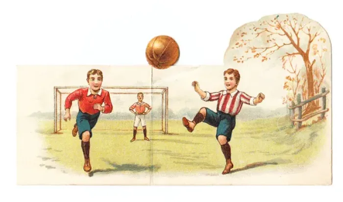 Framed Print : Boys playing football on a greetings card Framed Print : Boys playing football on a greetings card