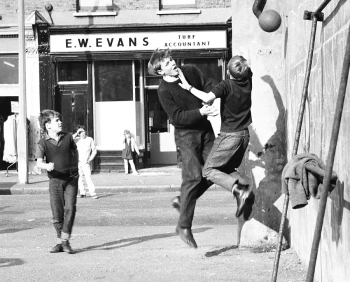 Framed Print : Boys playing football in a street, Balham, SW London Framed Print : Boys playing football in a street, Balham, SW London