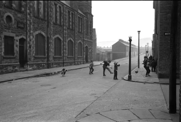 Framed Print : Boys playing football in a street, Belfast, Northern Ireland Framed Print : Boys playing football in a street, Belfast, Northern Ireland