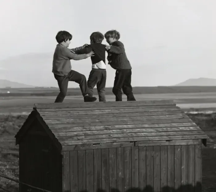 Framed Print : Three boys playing on top of a wooden shed Framed Print : Three boys playing on top of a wooden shed