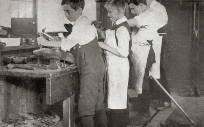 Framed Print : Boys Repair Boots at the NCH Childrens Home, Harpenden, Her Framed Print : Boys Repair Boots at the NCH Childrens Home, Harpenden, Her