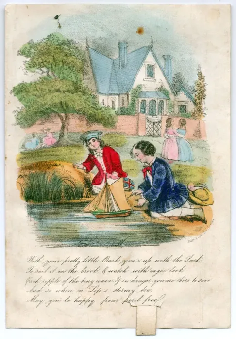 Framed Print : Boys sailing a model boat on a greetings card Framed Print : Boys sailing a model boat on a greetings card