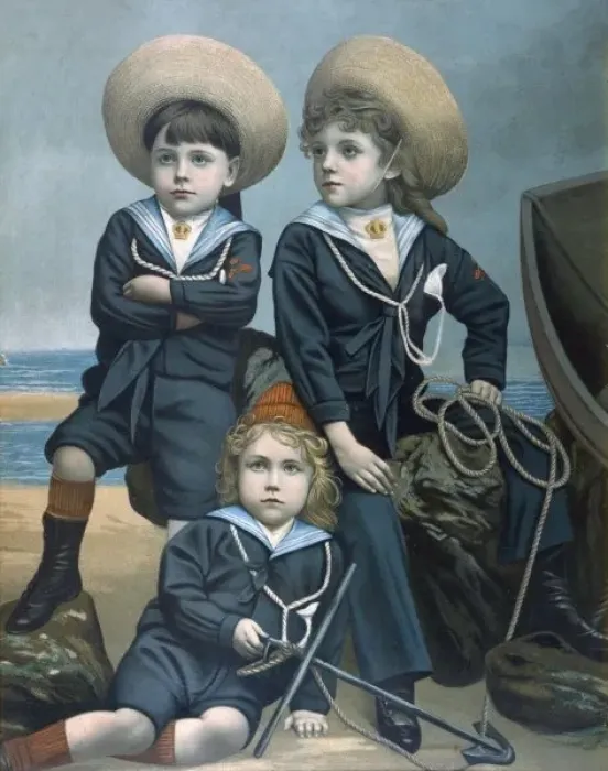 Framed Print : Three boys in sailor suits on beach Framed Print : Three boys in sailor suits on beach