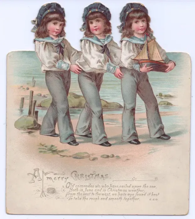 Framed Print : Three boys in sailor suits on a cutout Christmas card Framed Print : Three boys in sailor suits on a cutout Christmas card