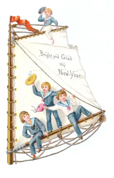 Framed Print : Four boys in sailor suits on a New Year card Framed Print : Four boys in sailor suits on a New Year card