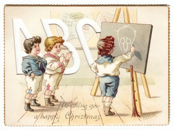 Framed Print : Three boys in schoolroom on a Christmas card Framed Print : Three boys in schoolroom on a Christmas card