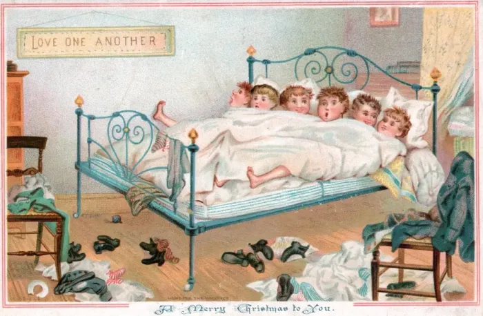 Framed Print : Six boys sharing a bed on a Christmas card Framed Print : Six boys sharing a bed on a Christmas card