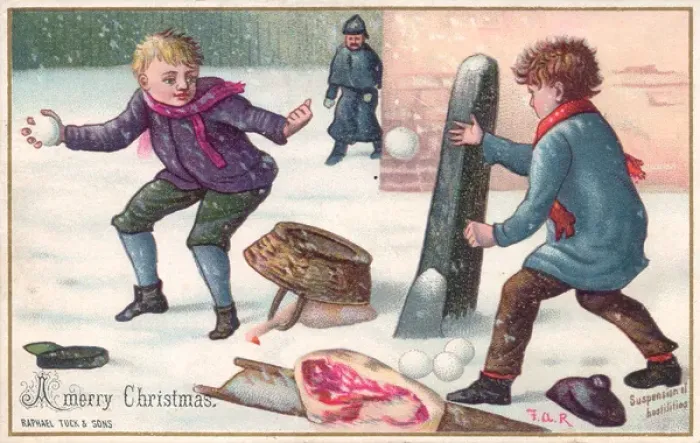 Framed Print : Two boys snowballing on a Christmas card Framed Print : Two boys snowballing on a Christmas card
