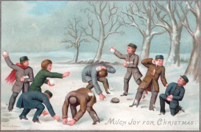 Framed Print : Eight boys snowballing on a Christmas card Framed Print : Eight boys snowballing on a Christmas card