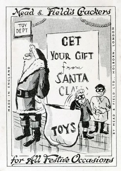 Framed Print : Two boys stealing from department store Santa's sack Framed Print : Two boys stealing from department store Santa's sack