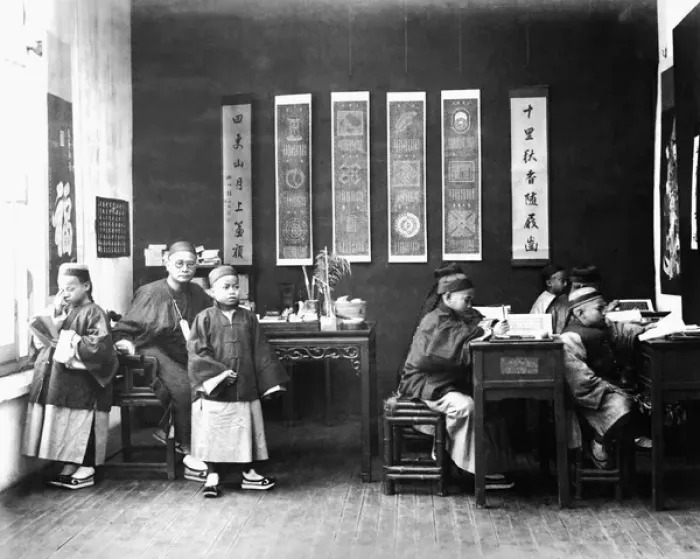 Framed Print : Boys and teacher in schoolroom, China Framed Print : Boys and teacher in schoolroom, China