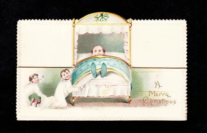 Framed Print : Two boys tickling a man's feet on a Christmas card Framed Print : Two boys tickling a man's feet on a Christmas card