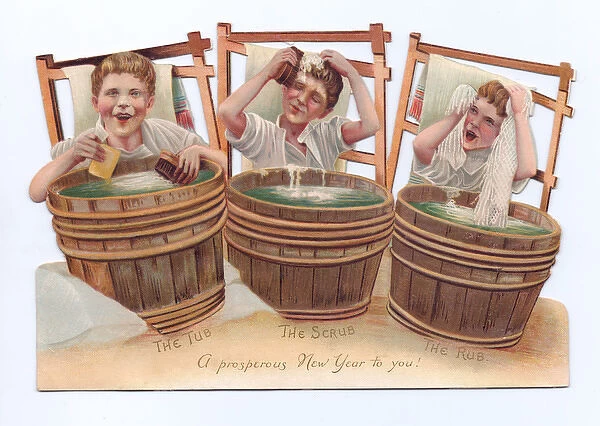 Three boys washing on a New Year card