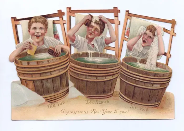 Framed Print : Three boys washing on a New Year card Framed Print : Three boys washing on a New Year card