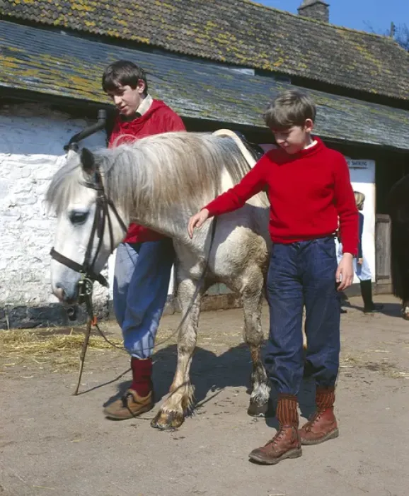 Framed Print : Two boys with white pony, Horner, Somerset Framed Print : Two boys with white pony, Horner, Somerset