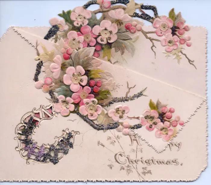 Framed Print : Branch of pink blossom on a cutout Christmas card Framed Print : Branch of pink blossom on a cutout Christmas card