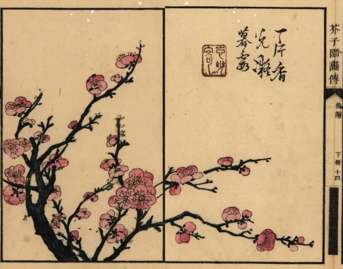 Framed Print : Branch of pink plum blossom with calligraphy and seal Framed Print : Branch of pink plum blossom with calligraphy and seal