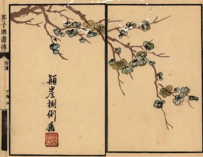 Framed Print : Branch of white plum blossom with calligraphy and seal Framed Print : Branch of white plum blossom with calligraphy and seal