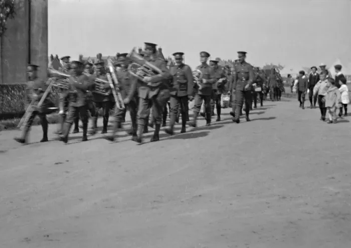 Framed Print : Brass band marching along a road Framed Print : Brass band marching along a road