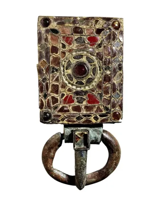 Framed Print : Brass belt buckle with encrusted glasses, 7th century Framed Print : Brass belt buckle with encrusted glasses, 7th century