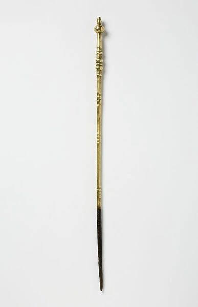Poker. Brass and wrought iron poker with a turned shaft featuring three knops