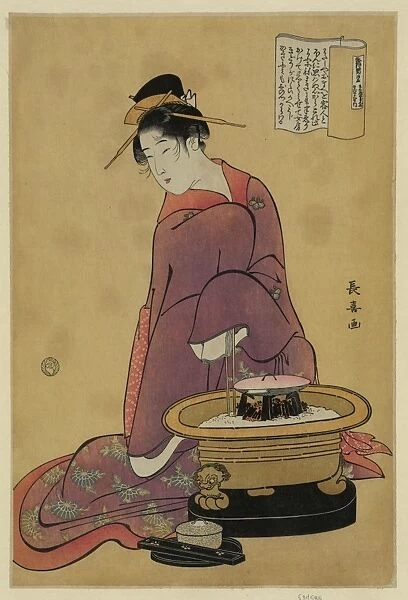 Brazier. Print shows a woman, a devoted housewife sitting next to a brazier