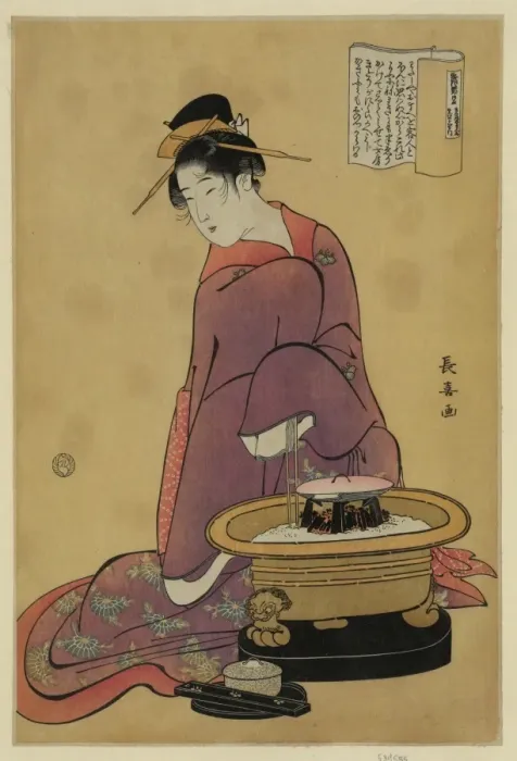 Framed Print : Brazier. Print shows a woman, a devoted housewife sitting next to a brazier Framed Print : Brazier. Print shows a woman, a devoted housewife sitting next to a brazier