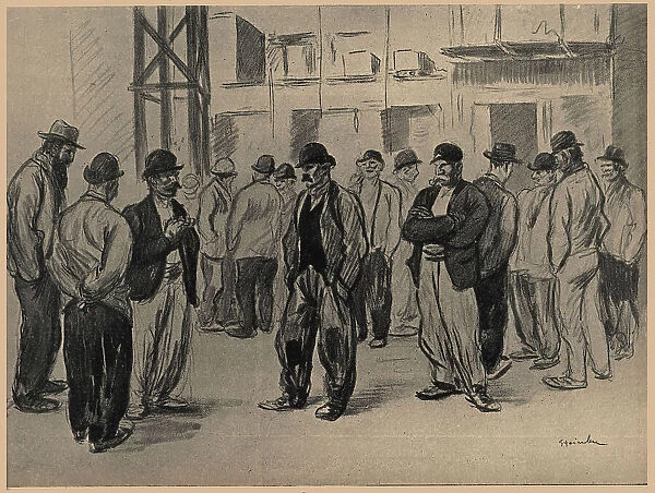 The Break. An illustration of a large group of workmen speaking with each