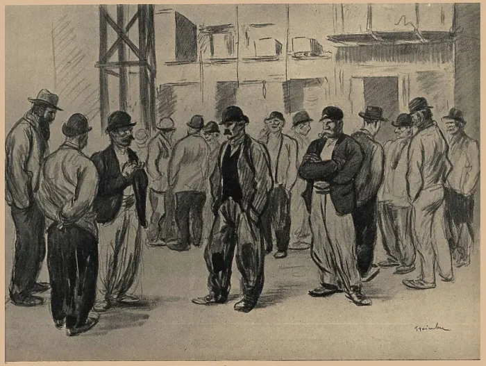 Framed Print : The Break. An illustration of a large group of workmen speaking with each Framed Print : The Break. An illustration of a large group of workmen speaking with each