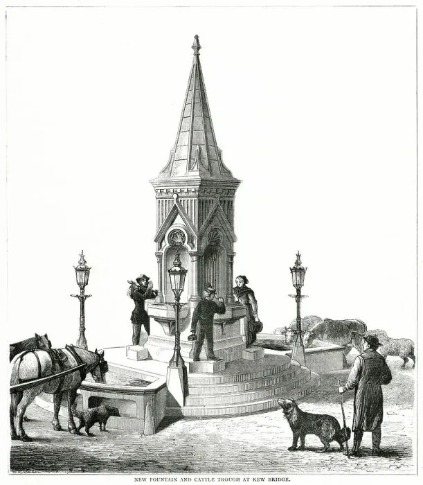 Framed Print : Brentford public fountain for people and animals at Kew Bridge. Erected at the request of Mrs. Wheeler on memorial to her late husband, Samuel Wheeler at a cost of £1600. Date: 1877 Framed Print : Brentford public fountain for people and animals at Kew Bridge. Erected at the request of Mrs. Wheeler on memorial to her late husband, Samuel Wheeler at a cost of £1600. Date: 1877