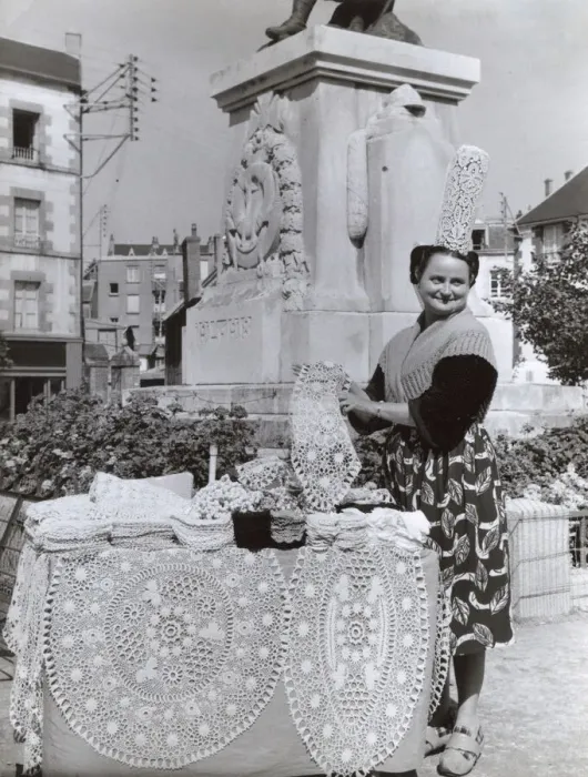 Framed Print : Breton lace seller in Granville, Normandy, France Framed Print : Breton lace seller in Granville, Normandy, France