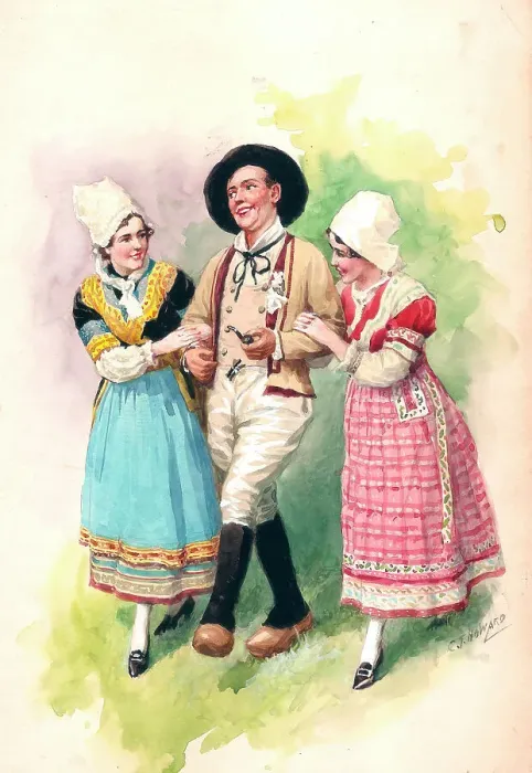 Framed Print : Bretons. Postcard design. Breton man and two ladies in traditional costume. Date: 1920s Framed Print : Bretons. Postcard design. Breton man and two ladies in traditional costume. Date: 1920s