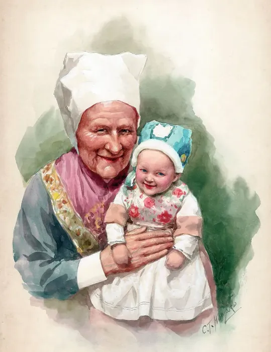 Framed Print : Bretons. Postcard design. Breton old lady with baby in traditional costume. Date: 1920s Framed Print : Bretons. Postcard design. Breton old lady with baby in traditional costume. Date: 1920s
