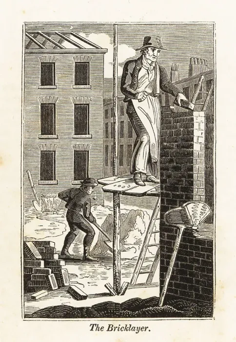 Framed Print : Bricklayer and navvy on a building site Framed Print : Bricklayer and navvy on a building site