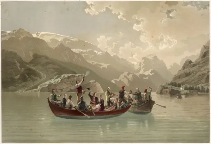 Framed Print : Bridal party on a fjord. Date: circa 1851 Framed Print : Bridal party on a fjord. Date: circa 1851