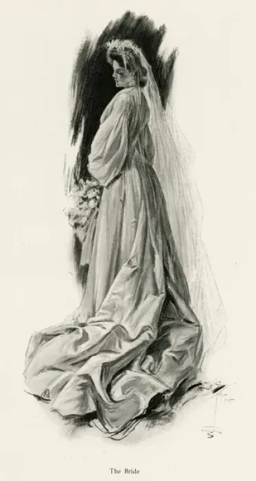 Framed Print : The Bride. Young bride wearing a loose fitted dress with trail and long veil. Date: 1905 Framed Print : The Bride. Young bride wearing a loose fitted dress with trail and long veil. Date: 1905