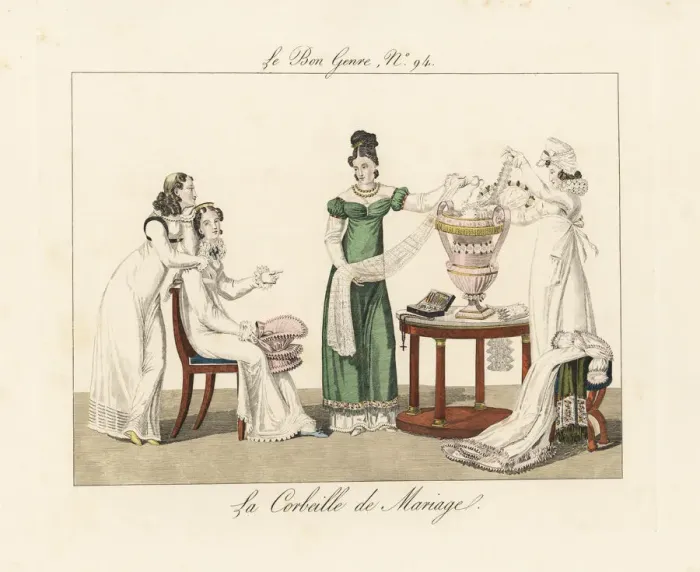 Framed Print : Bride examining the contents of her marriage basket Framed Print : Bride examining the contents of her marriage basket