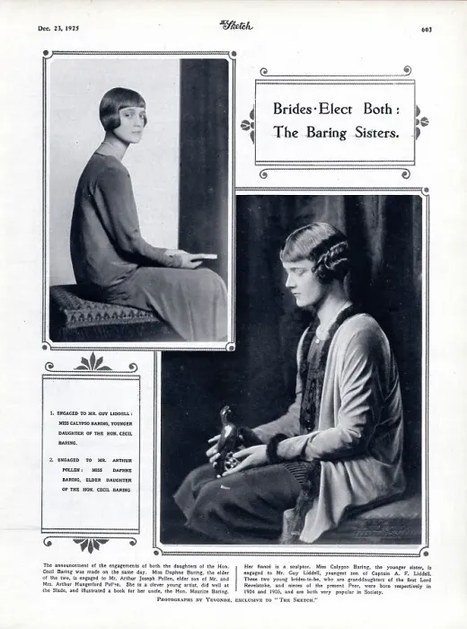 Framed Print : Brides elect both: The Baring Sisters. 1. Engaged to Mr Guy Liddell: Miss Calypso Baring, younger daughter of the Hon. Cecil Baring. 2. Engaged to Mr Arthur Pollen: Miss Daphne Baring, elder daughter of the Hon. Cecil Baring Framed Print : Brides elect both: The Baring Sisters. 1. Engaged to Mr Guy Liddell: Miss Calypso Baring, younger daughter of the Hon. Cecil Baring. 2. Engaged to Mr Arthur Pollen: Miss Daphne Baring, elder daughter of the Hon. Cecil Baring