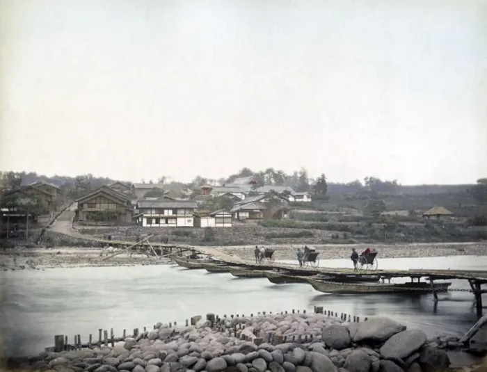 Framed Print : Bridge of boats, Japan, circa 1880s. Date: circa 1880s Framed Print : Bridge of boats, Japan, circa 1880s. Date: circa 1880s