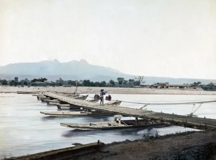 Framed Print : Bridge of boats, near Ikao, Japan, circa 1880s Framed Print : Bridge of boats, near Ikao, Japan, circa 1880s