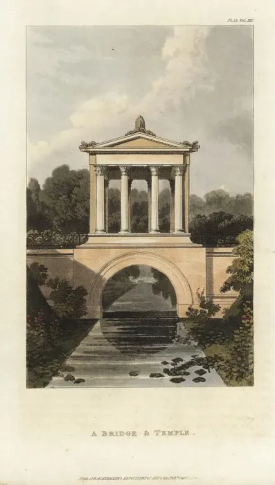 Framed Print : Bridge and classical temple over an ornamental river Framed Print : Bridge and classical temple over an ornamental river