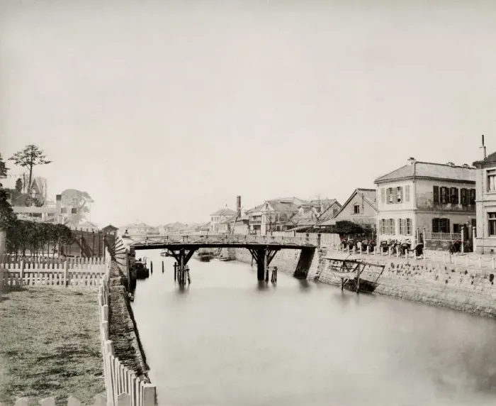 Framed Print : Bridge over a creek / canal, probably Yokohama, Japan Framed Print : Bridge over a creek / canal, probably Yokohama, Japan